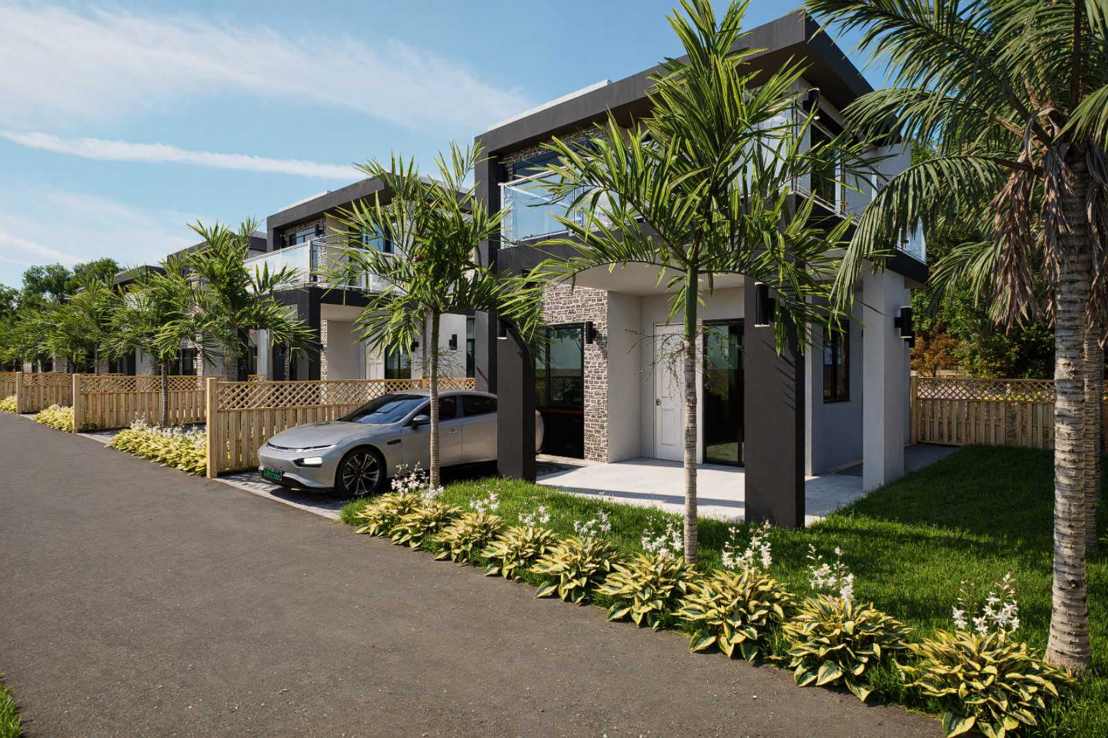 Αρχιτεκτονική απεικόνιση των μεζονετών ARKABLOCK με θέσεις στάθμευσης και φυτεμένους εξωτερικούς χώρους
